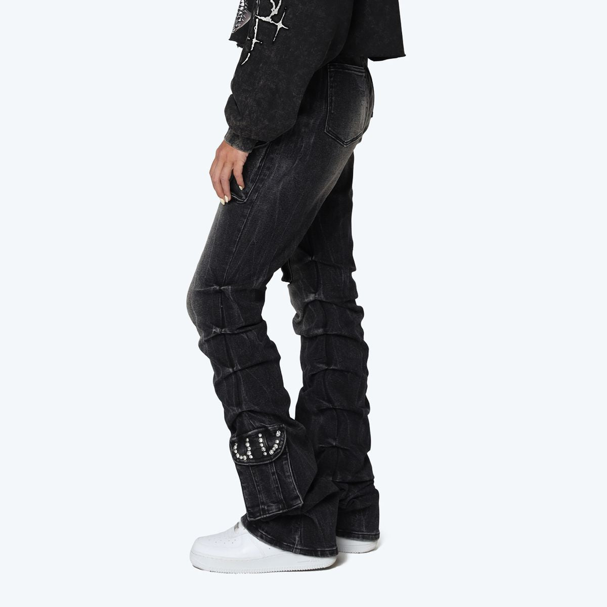 Women's High Rise Rhinestone Stacked Jeans Pant