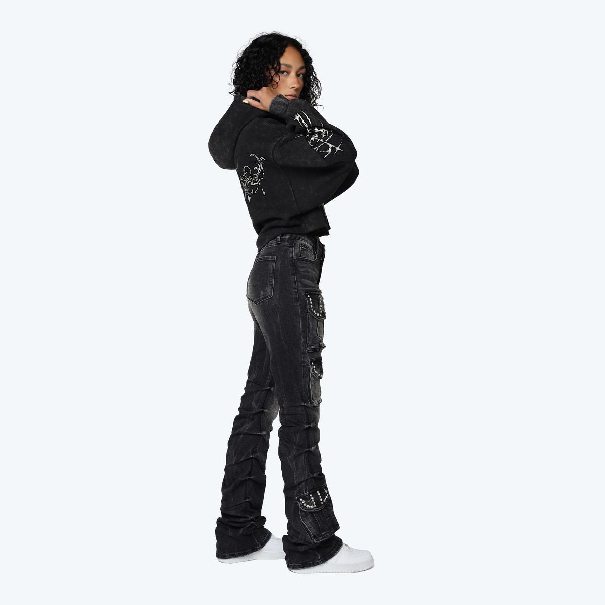 Women's High Rise Rhinestone Stacked Jeans Pant