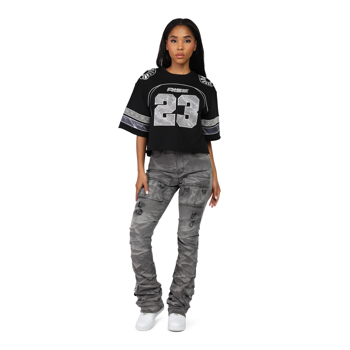 Women's High Rise Rhinestone Stacked Jeans Pant