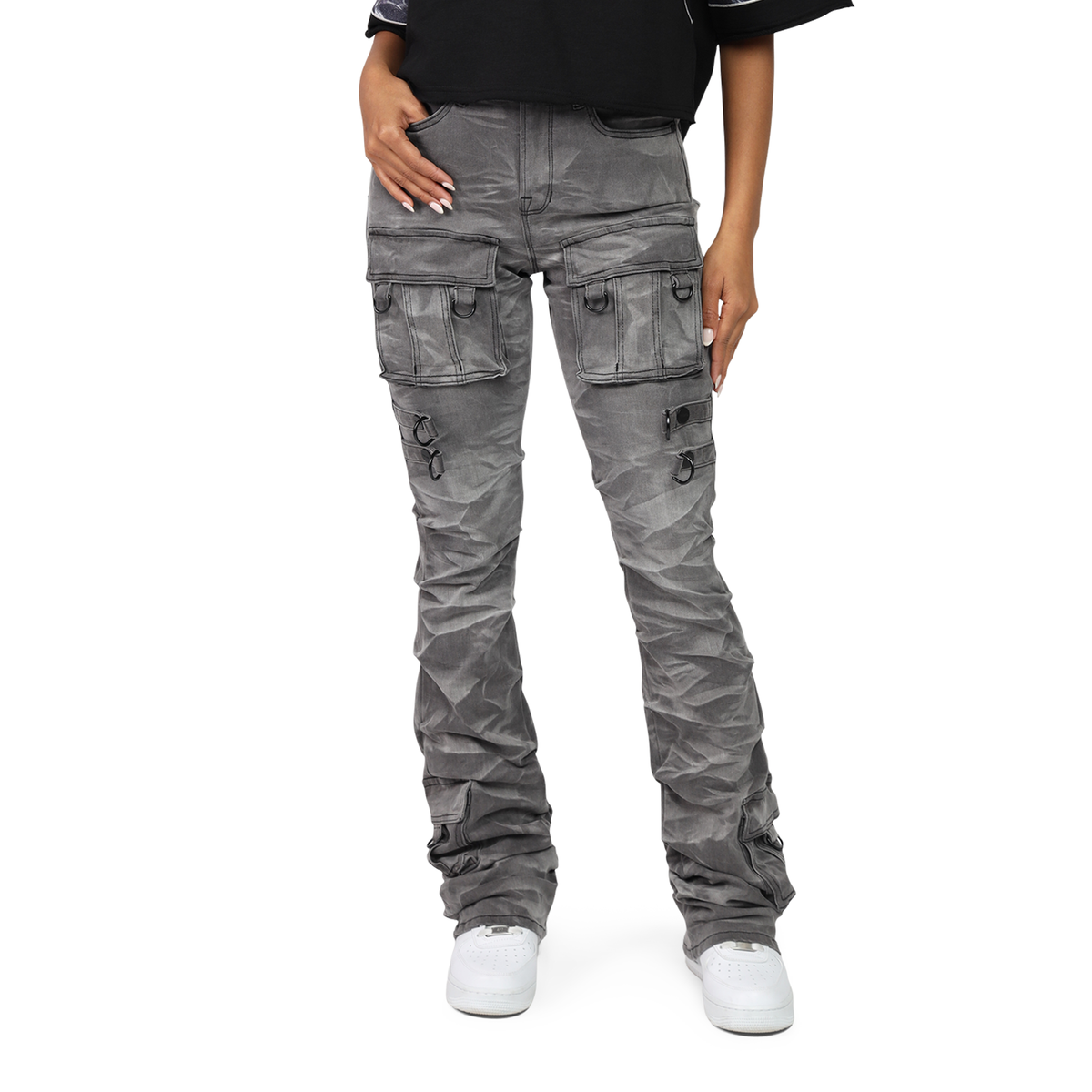 Women's High Rise Rhinestone Stacked Jeans Pant