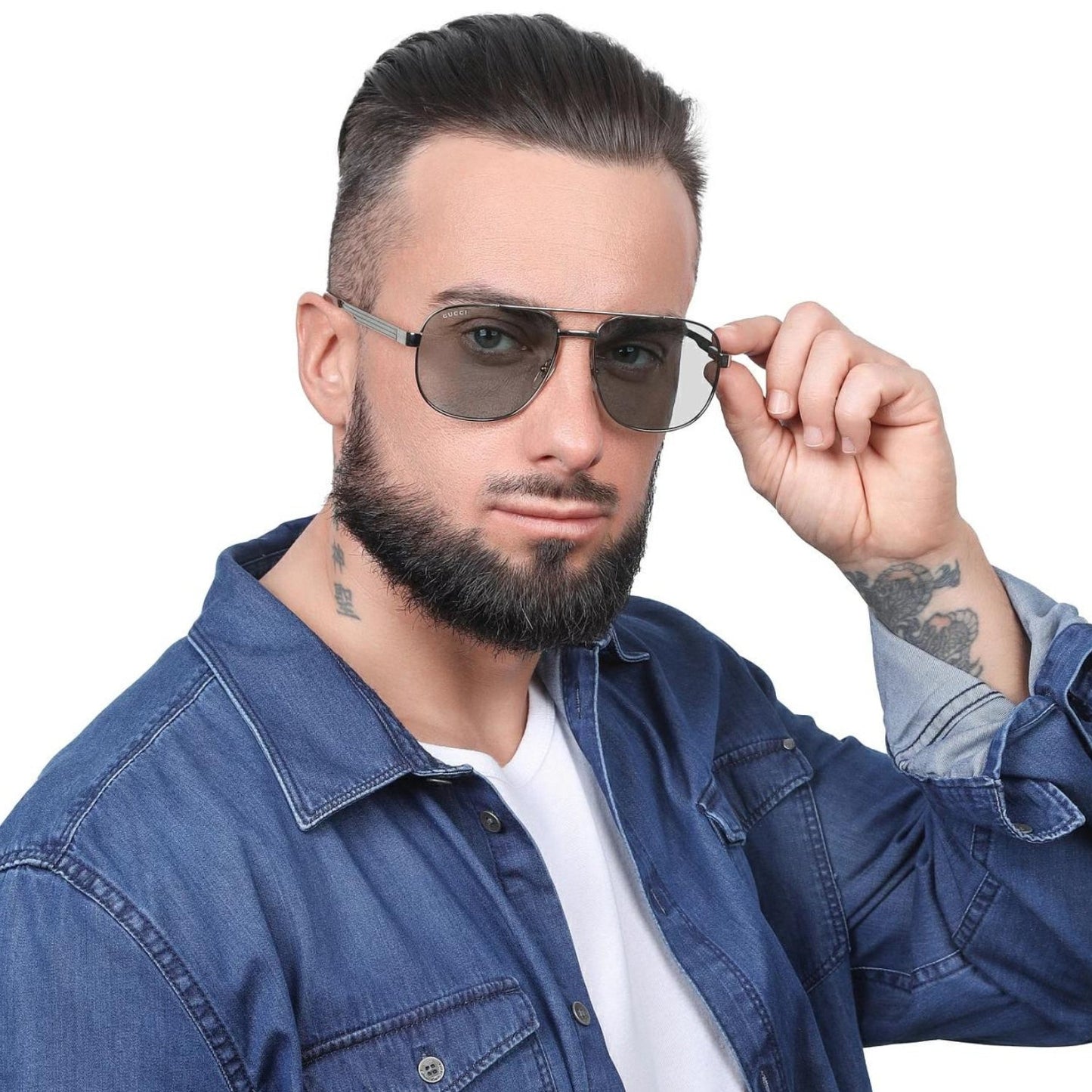 Men's Gucci Logo Silver Green Sunglasses