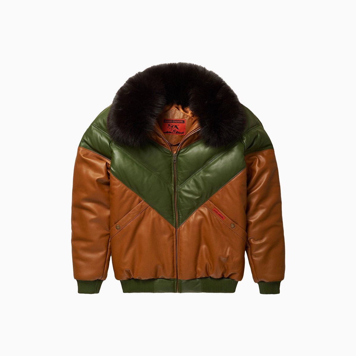 Men's Brown & Green Leather V Bomber Jacket