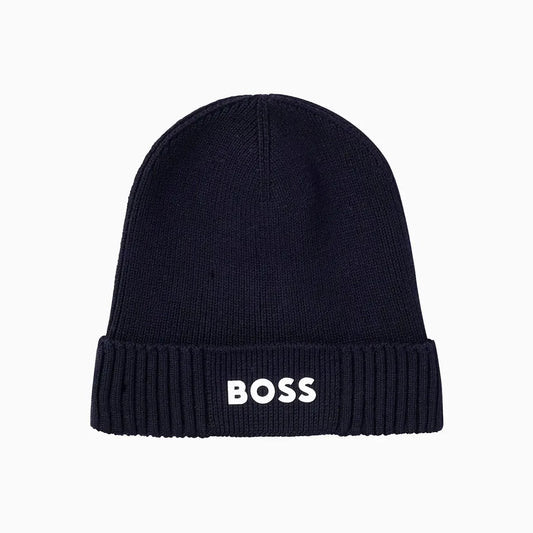 Logo Detail Beanie Hat in Cotton and Virgin Wool