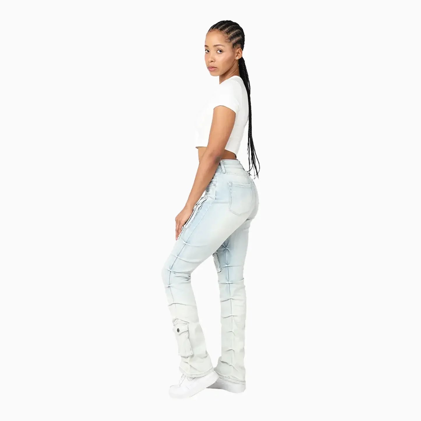 Women's High Rise Lightening Wash Stacked Jeans Pant