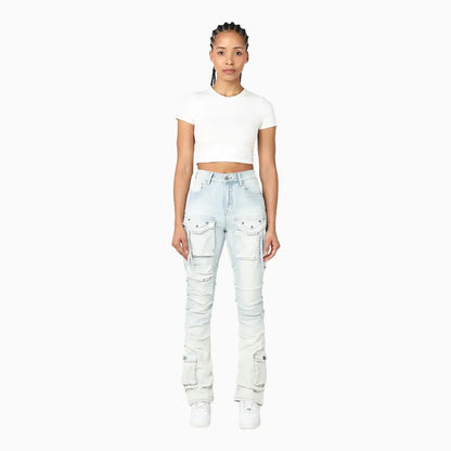 Women's High Rise Lightening Wash Stacked Jeans Pant