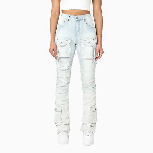 Women's High Rise Lightening Wash Stacked Jeans Pant