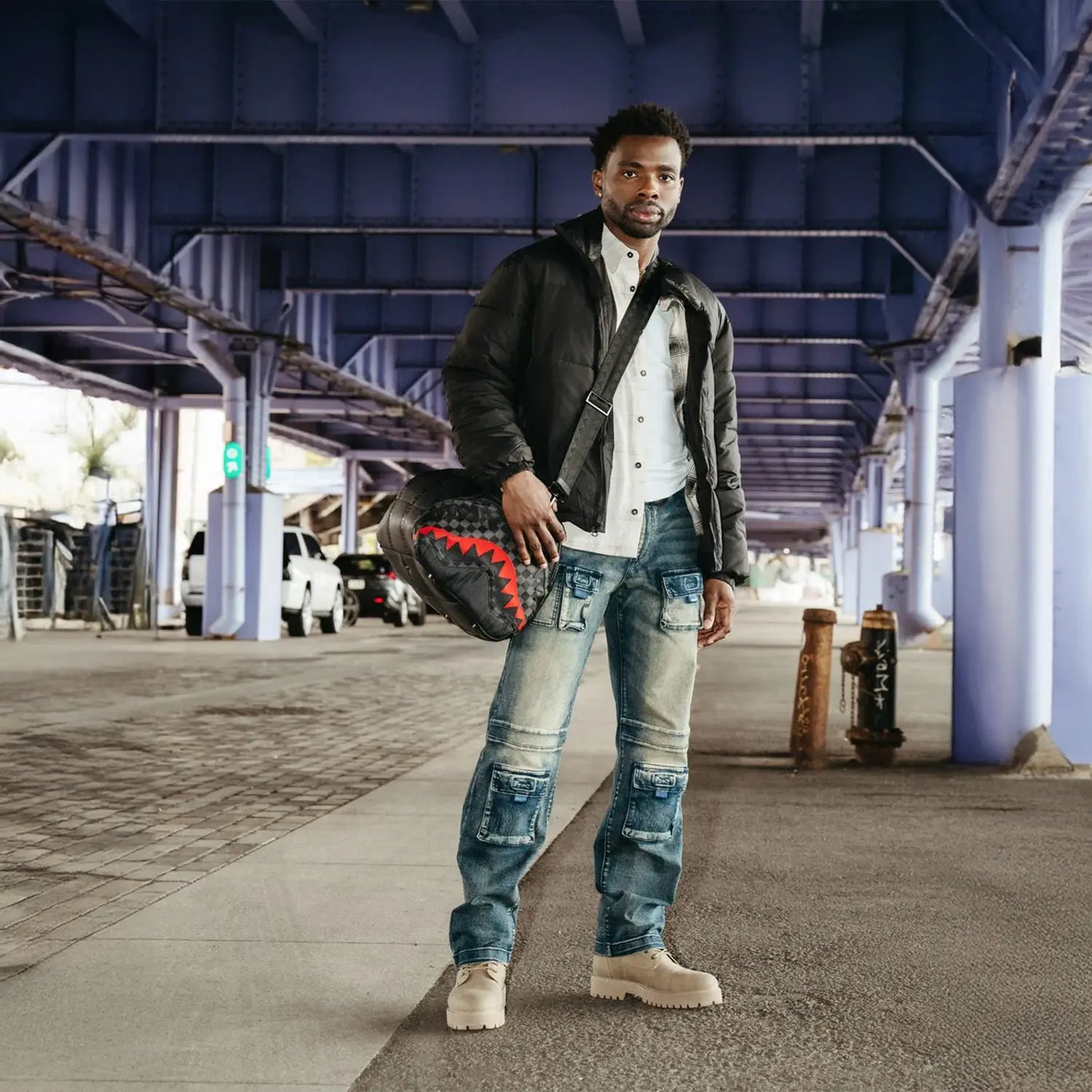 Black Puffer Check Duffle